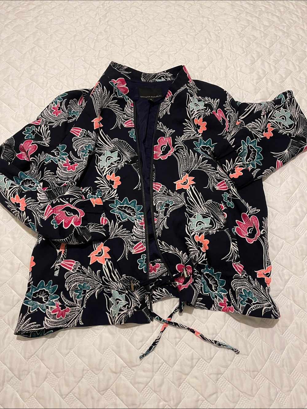 Banana Republic Navy Floral Bomber Jacket with Pink & Teal Accents
